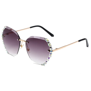 Damen Oversized Randlose Sonnenbrille Strassbesatz Verlauf Polygon Gläser Mode UV400 Schutz Metallrahmen Brille