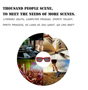 Red square sunglasses shown in office, reading, party, and outdoor sport scenarios