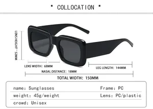 Detailed size chart for square frame sunglasses with frame and lens measurements