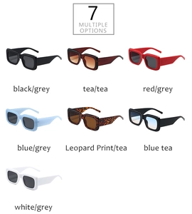 Detailed grid view of chunky rectangle sunglasses in seven distinct color options