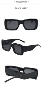Detailed view of rectangular sunglasses in black with grey lenses from three angles