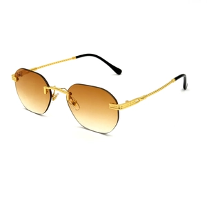 Frameless metal sunglasses with brown gradient lenses and textured gold temples