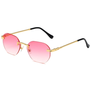 Octagonal rimless sunglasses with pink gradient lenses and twisted gold metal arms