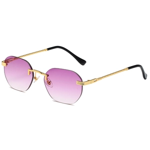 Retro rimless polygon sunglasses with purple gradient lenses and gold twisted metal temples
