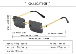 Detail view of rimless rectangle sunglasses with metal woven temples and dimensions