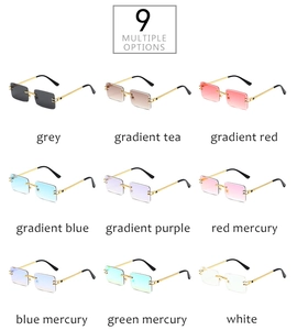 Nine variations of rimless rectangular sunglasses featuring textured gold metal temples