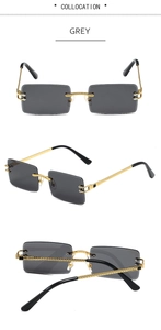 Detailed views of grey rimless rectangle sunglasses with ornate gold metal bridge and hinges