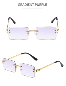 Close-up of rimless rectangular sunglasses with gradient purple lenses and gold metal bridge