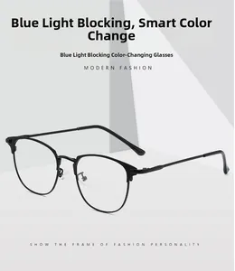 Detail of black semi-rimless anti-blue light glasses with smart photochromic lenses