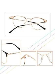 Detail view of rose gold metal eyeglass frame featuring square rims and silicone nose pads