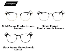 Close-up of retro metal eyeglass frames showing gold, silver, and black finish options