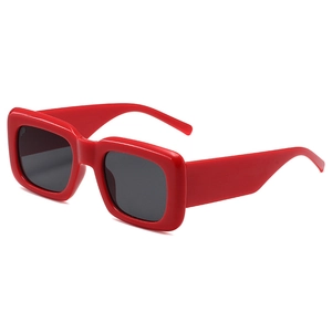 Fashionable red thick square frame sunglasses with wide temples and dark lenses for women