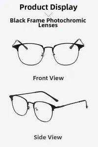 Close-up of black retro glasses frame featuring photochromic lenses for blue light blocking