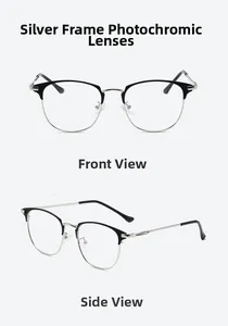 Detailed views showing the front and side of silver metal clubmaster photochromic glasses