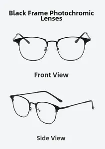 Detail view of black metal frame glasses with photochromic light-sensitive lenses