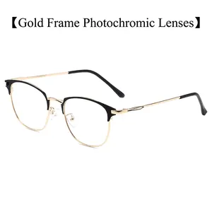 Classic half-frame gold metal eyeglasses with black browline and photochromic lenses