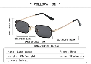Detaillierte Maße der randlosen quadratischen Sonnenbrille mit gedrehtem Metallbügel