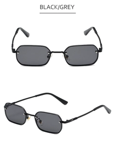 Details einer randlosen quadratischen Sonnenbrille mit gedrehten Metallbügeln und Gläsern