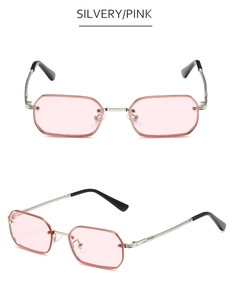Detail von randloser quadratischer Sonnenbrille mit gedrehten Metallbügeln und rosa Gläsern