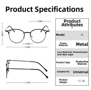 Tableau détaillé des tailles de lunettes rondes en métal avec verres anti-lumière bleue