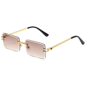 Frameless rectangle sunglasses with gold metal frame and brown gradient lenses