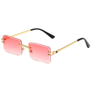 Frameless rectangle sunglasses with pink gradient lenses and golden metal frames
