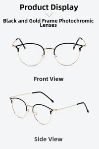 Vues détaillées des lunettes vintage rondes en métal doré et noir à verres photochromiques