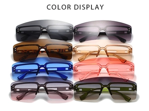 Matrix display showing eight vibrant colors of rimless fashion visor sunglasses with rivets