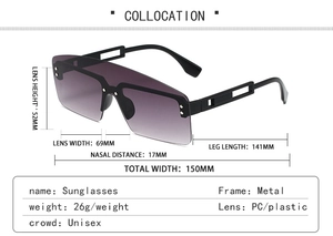 Detailed size specifications for oversized shield sunglasses with metal frames and PC lenses