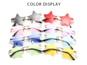 Multi-color display of star-shaped rimless sunglasses featuring eight vibrant ocean lens tints