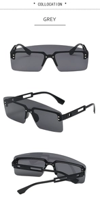 Detail view of grey one-piece flat top sunglasses with geometric hollowed temples
