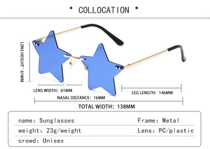 Detailed technical diagram showing dimensions of star-shaped rimless sunglasses