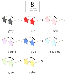 Detailed grid showing eight assorted vibrant colors of star-shaped rimless sunglasses