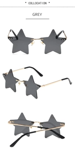 Three-angle views of rimless star-shaped sunglasses with grey lenses and gold metal temples