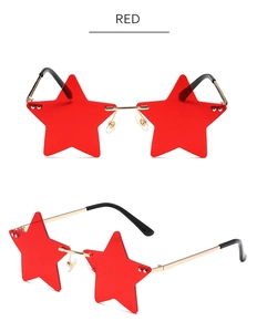 Detailed views of red star-shaped rimless sunglasses with sleek metal temples