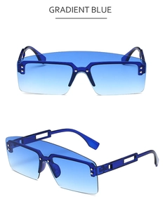 Detailed macro view of gradient blue lenses with metal rivet accents and hollow geometric temples