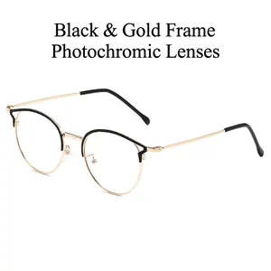Lunettes rondes rétro en métal noir et or avec verres photochromiques et anti-lumière bleue