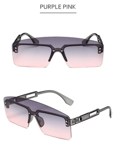 Macro view of purple pink gradient shield sunglasses lens and side cutout arm details