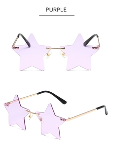 Detail of purple star-shaped rimless sunglasses with gold metal frame for party style
