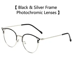 Lunettes rondes rétro en métal anti-lumière bleue avec verres photochromiques noir et argent