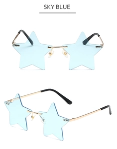 Detail view of sky blue star-shaped rimless sunglasses with gold metal frame