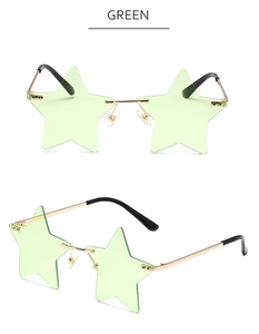 Detailed view of green star-shaped rimless sunglasses with gold metal frame and clear pads
