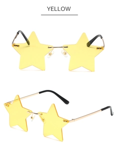 Detail of yellow star-shaped rimless sunglasses with gold metal frame and yellow lenses