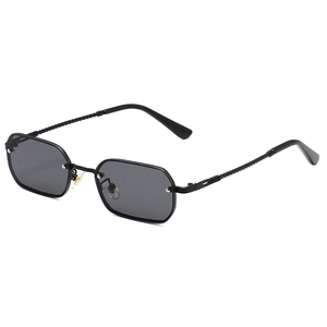 Rahmenlose quadratische Sonnenbrille mit gedrehten Metallbügeln und grauen Gläsern