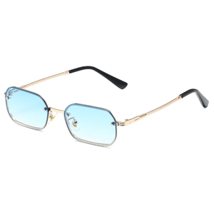 Modische randlose quadratische Sonnenbrille mit blauem Farbverlauf und goldenem Metallgestell