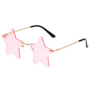 Fashionable star shaped rimless sunglasses with pink lenses and gold metal frame