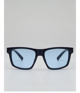 Detail of square black frame sunglasses with transparent light blue tinted lenses