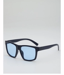 Detail of square sports sunglasses featuring black frames and light blue tinted lenses