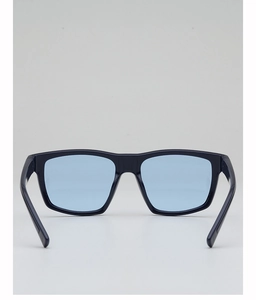 Rear view of square black frame sunglasses with transparent light blue lenses
