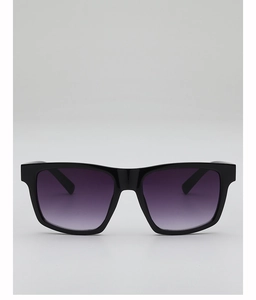 Detail of square black frame sunglasses featuring stylish purple gradient lenses